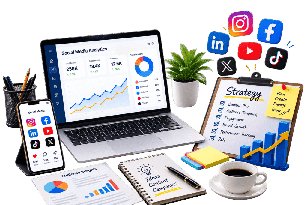 Social media strategy based on audience research content planning engagement and performance analytics